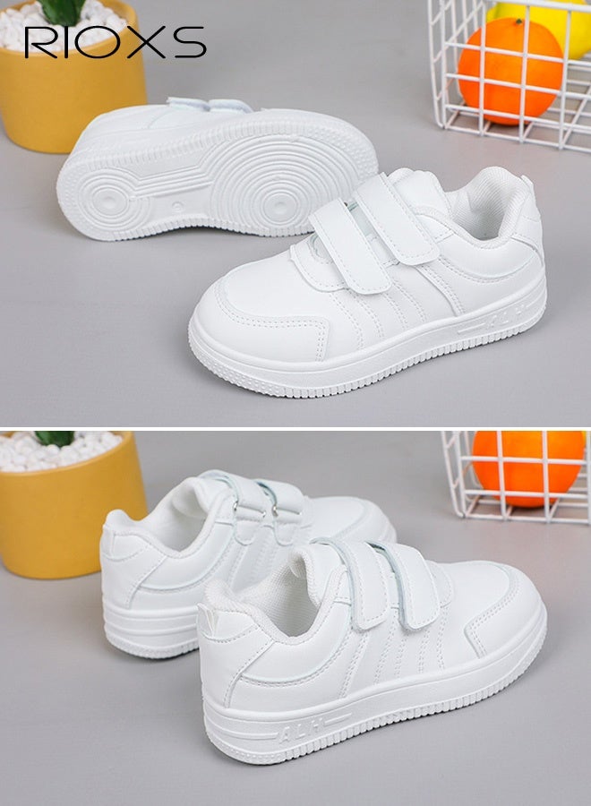 RIOXS Kids' Waterproof White Casual Sneakers, Breathable Faux Leather with Velcro Closure and Non-Slip Rubber Sole, Comfortable Walking Shoes for Girls, Lightweight Everyday Sneakers for Boys, Perfect for School, Strolls, Daily Wear, and Sports, White - Image 3